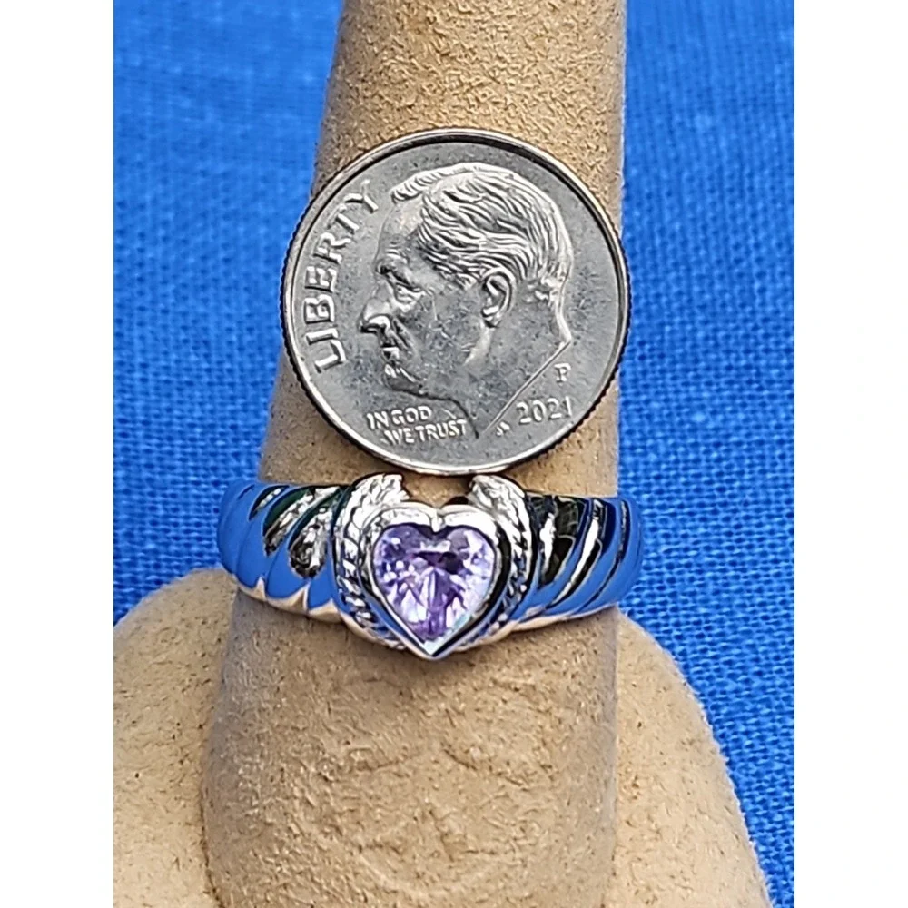 Sterling Silver Amethyst Heart Ring Domed Ridge Love 8mm Wide Size 10